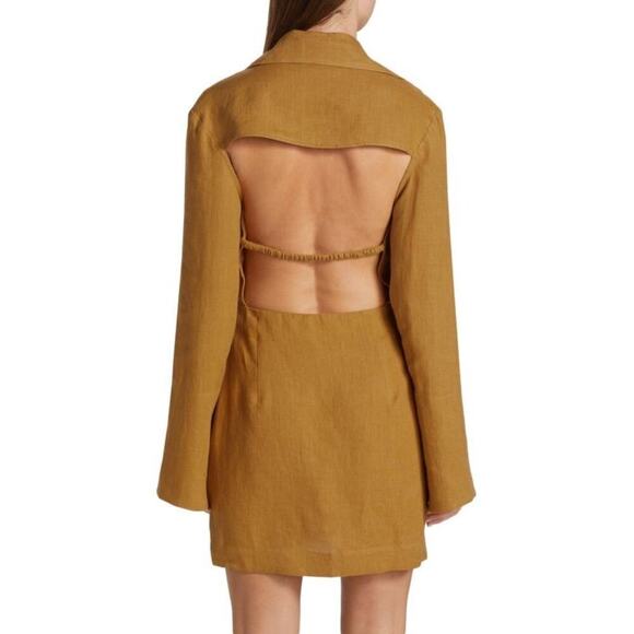 Nanushka Esma Linen Mini Dress Size XS Camel Long Sleeve Quiet Luxury Neutral - Picture 4 of 13